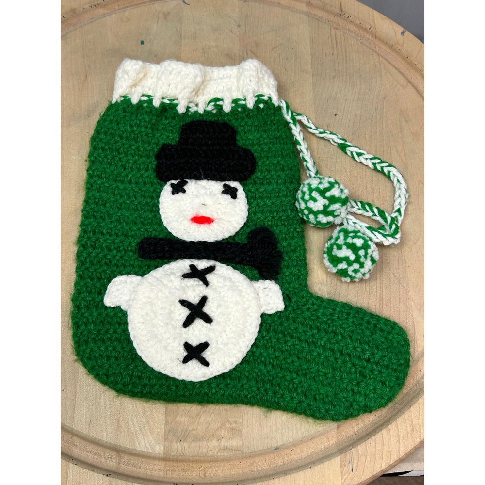 Handmade Green Crochet Christmas‎ Stocking Snowman Green White Trim Pom Poms
